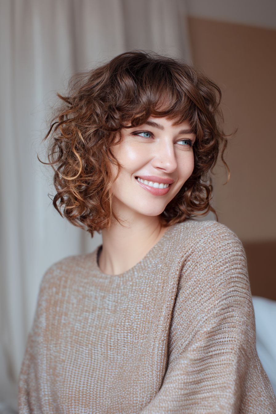 11. Wavy Lob with Curtain Bangs in Toffee Highlights (Haircuts For Women Over 40 With Bangs) - Haircuts For Women Over 40 With Bangs