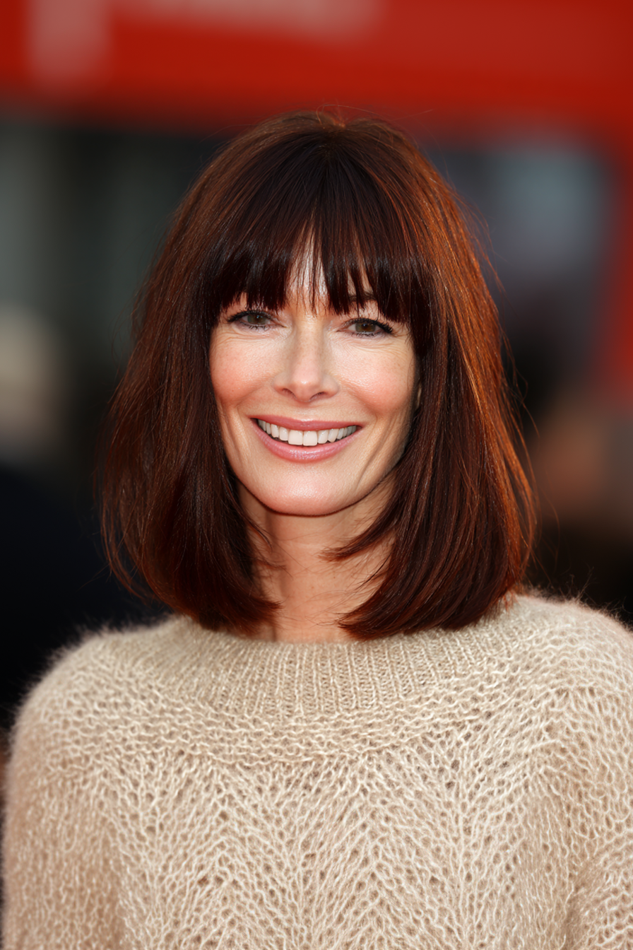 12. Classic Shoulder-Length Cut with Long Bangs in Dark Auburn (Haircuts For Women Over 40 With Bangs) - Haircuts For Women Over 40 With Bangs