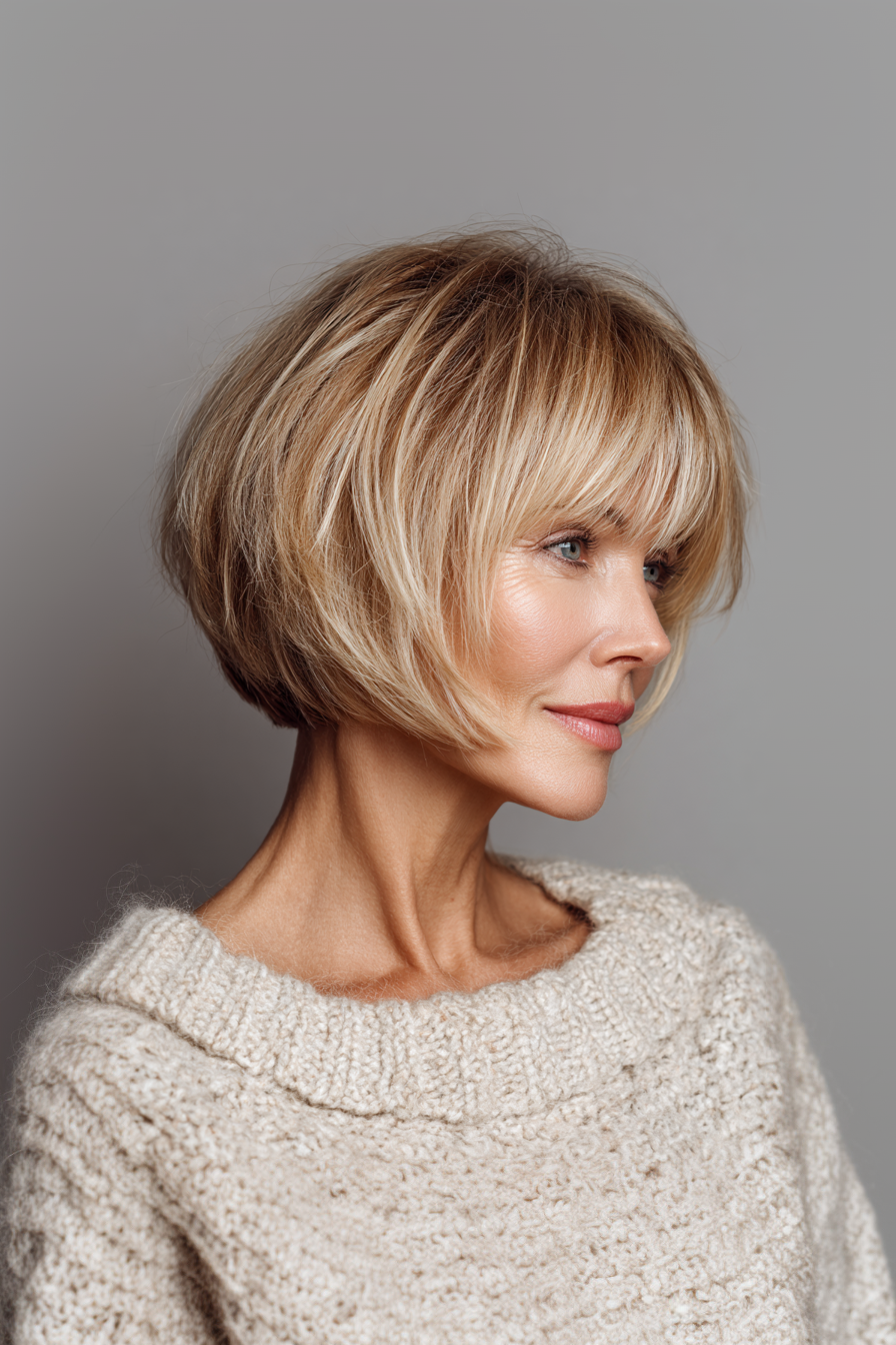 13. Chin-Length Bob with Side Bangs in Sandy Blonde (Haircuts For Women Over 40 With Bangs) - Haircuts For Women Over 40 With Bangs