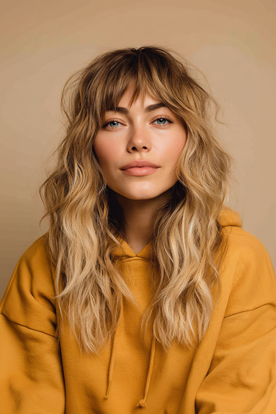 14. Long Wavy Layers with Textured Bangs in Ombre Blonde (Haircuts For Women Over 40 With Bangs) - Haircuts For Women Over 40 With Bangs