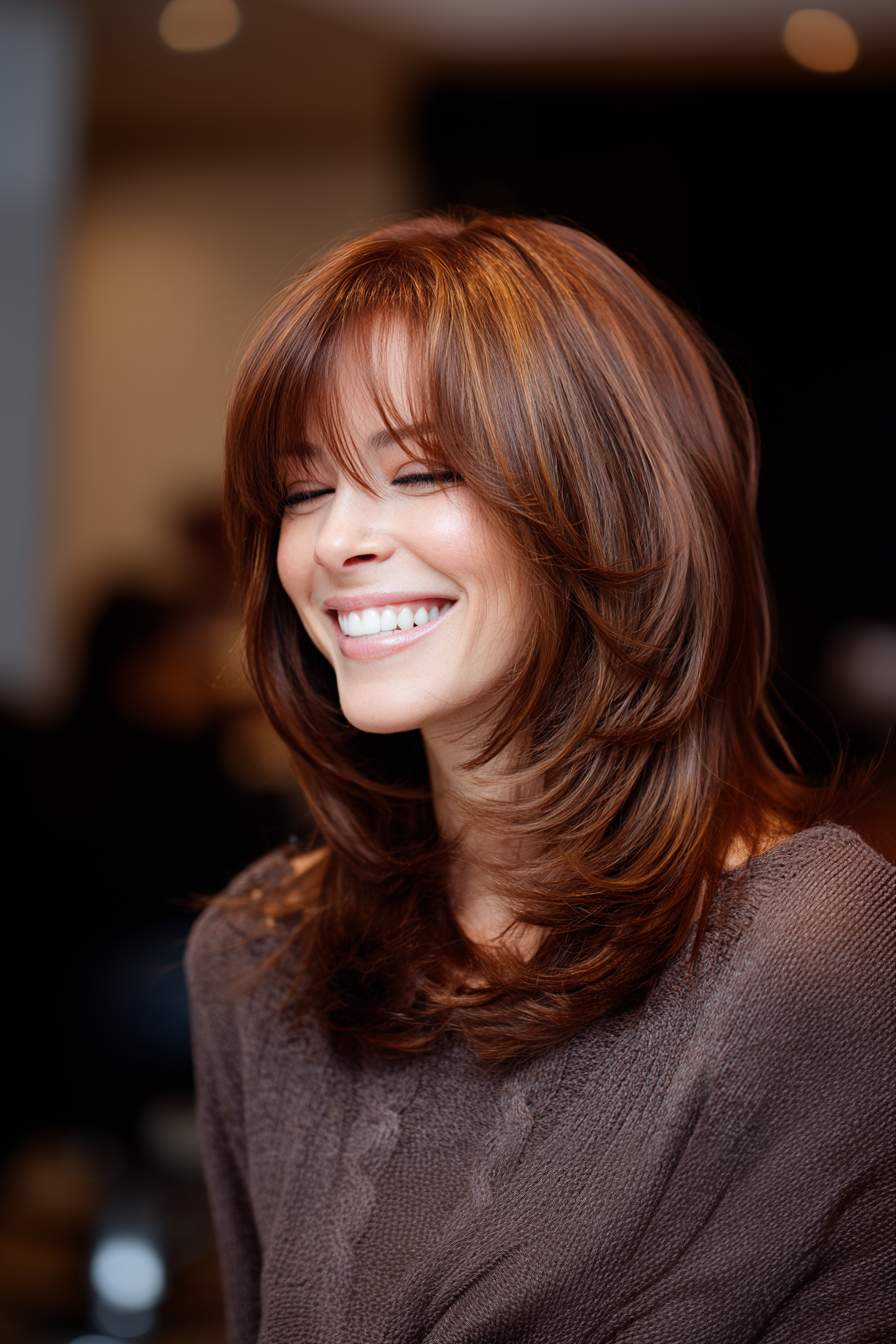 18. Layered Cut with Arched Bangs in Cinnamon Brown (Haircuts For Women Over 40 With Bangs) - Haircuts For Women Over 40 With Bangs