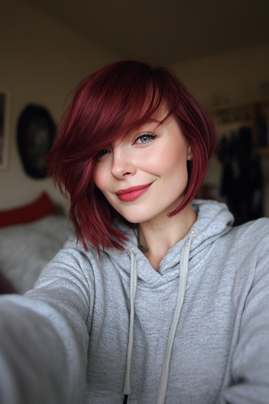 20. Asymmetrical Bob with Side Bangs in Burgundy Red (Haircuts For Women Over 40 With Bangs) - Haircuts For Women Over 40 With Bangs