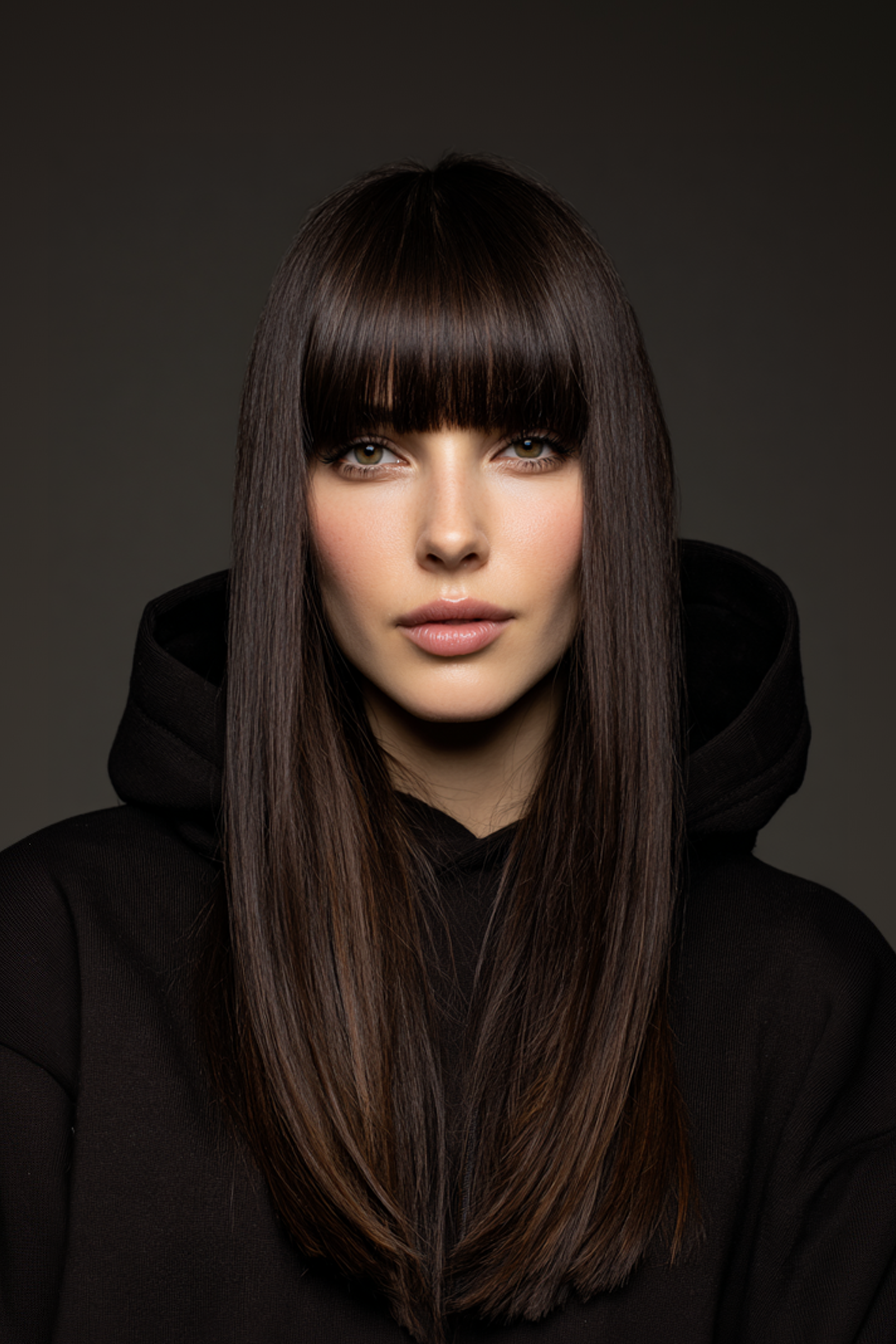21. Long Straight Cut with Micro Bangs in Espresso Brown (Haircuts For Women Over 40 With Bangs) - Haircuts For Women Over 40 With Bangs