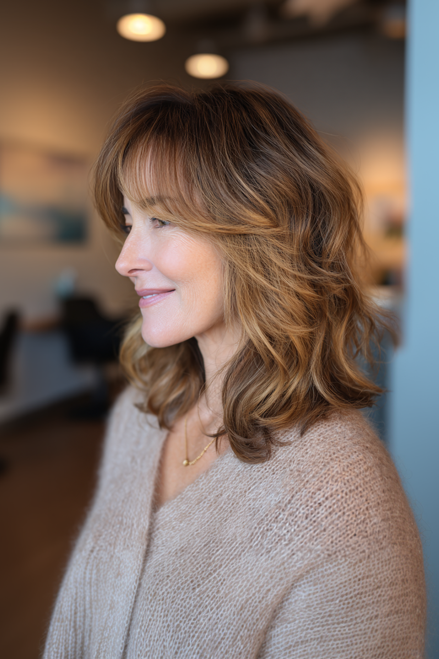 22. Soft Shag with Curtain Bangs in Honey Balayage (Haircuts For Women Over 40 With Bangs) - Haircuts For Women Over 40 With Bangs