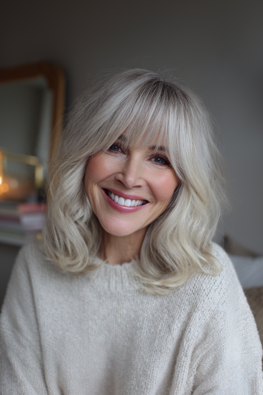 23. Shoulder-Length Waves with Feathered Bangs in Light Ash Blonde (Haircuts For Women Over 40 With Bangs) - Haircuts For Women Over 40 With Bangs