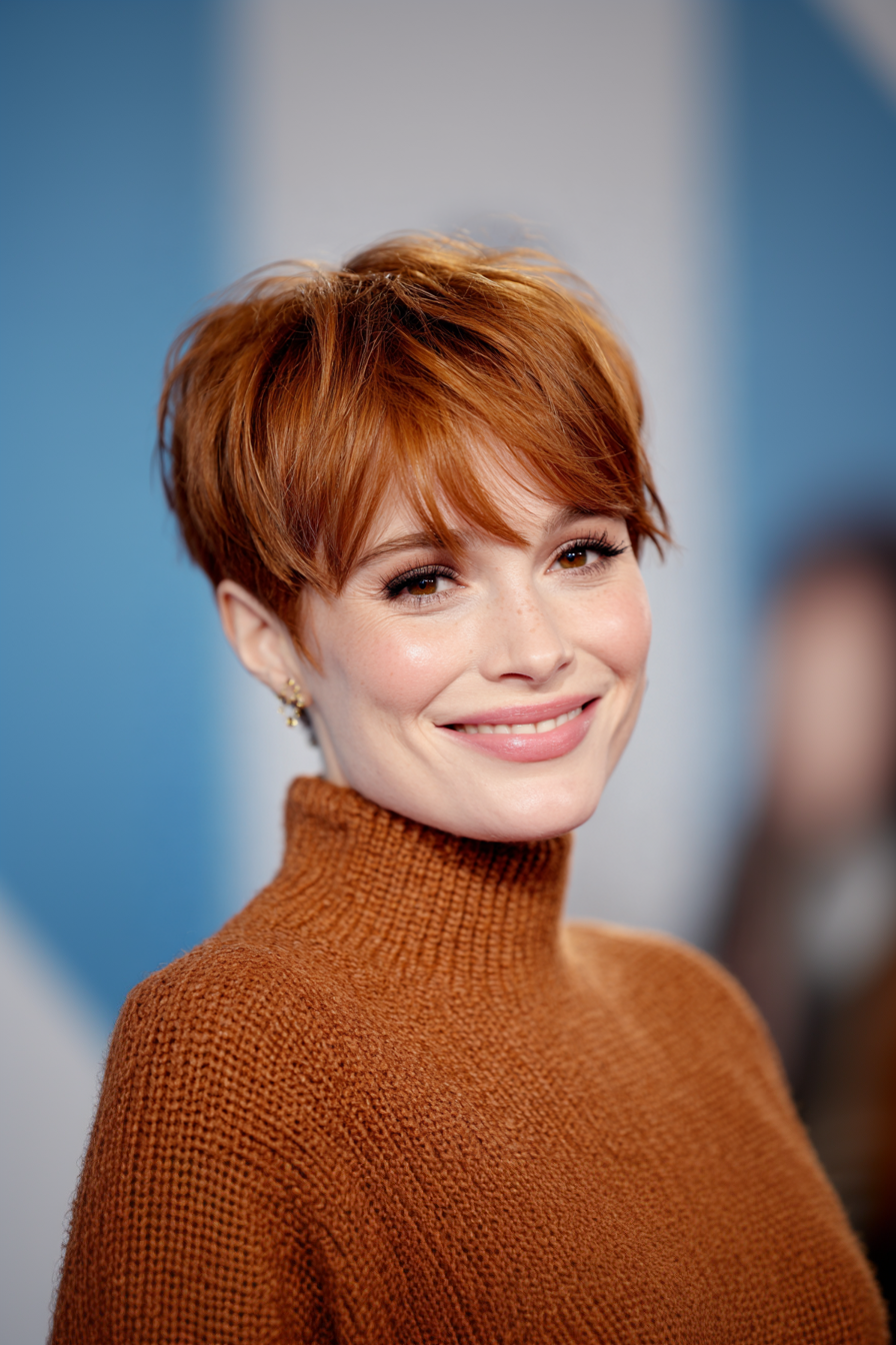 24. Pixie with Long Bangs in Warm Copper (Haircuts For Women Over 40 With Bangs) - Haircuts For Women Over 40 With Bangs