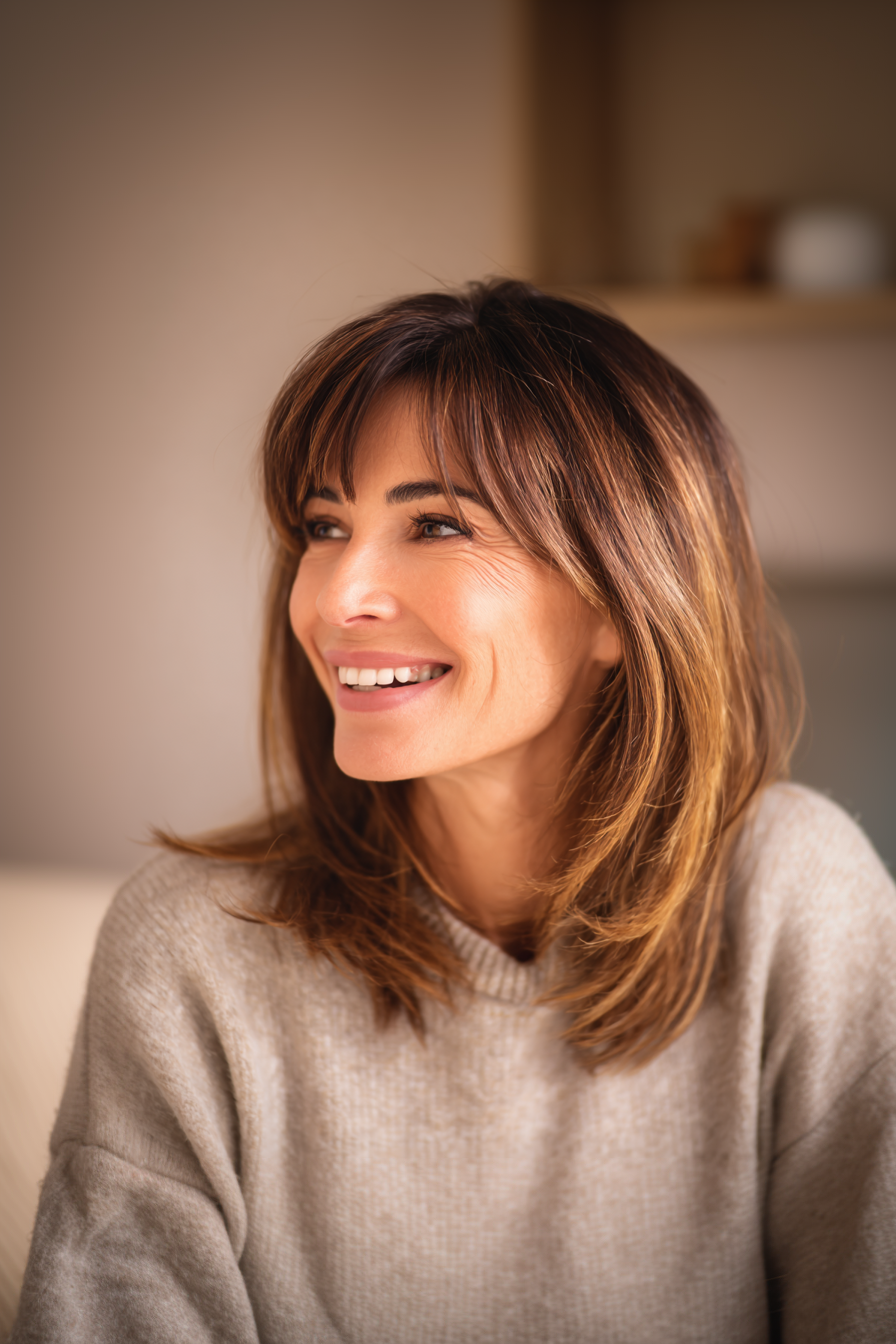 25. Classic Mid-Length Cut with Side Bangs in Chestnut Balayage (Haircuts For Women Over 40 With Bangs) - Haircuts For Women Over 40 With Bangs