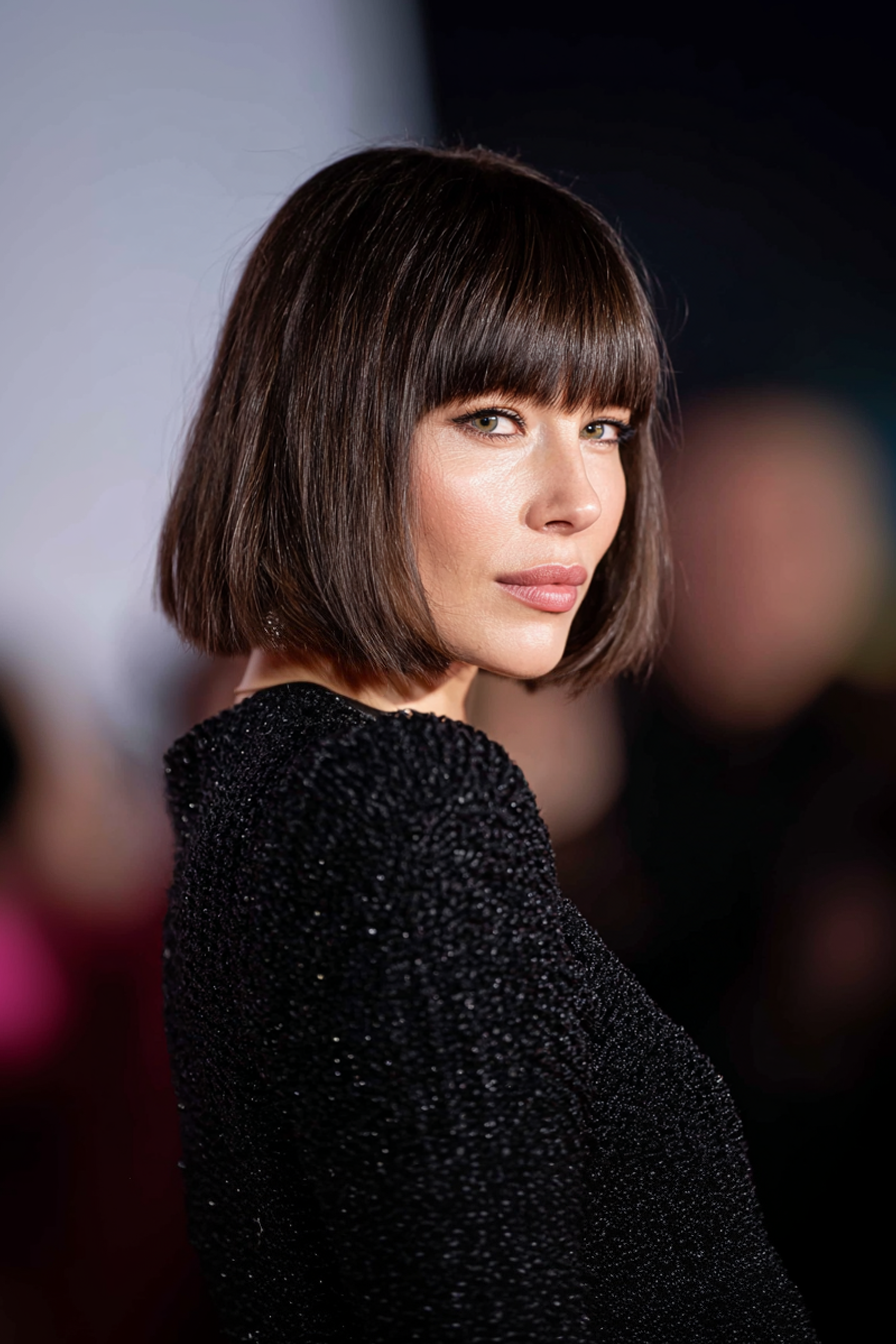 27. Sleek Bob with Rounded Bangs in Dark Chocolate Brown (Haircuts For Women Over 40 With Bangs) - Haircuts For Women Over 40 With Bangs