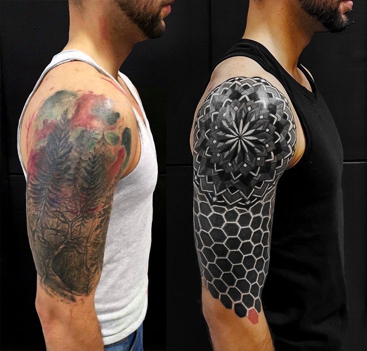 Geometric tattoo designs covering old body art