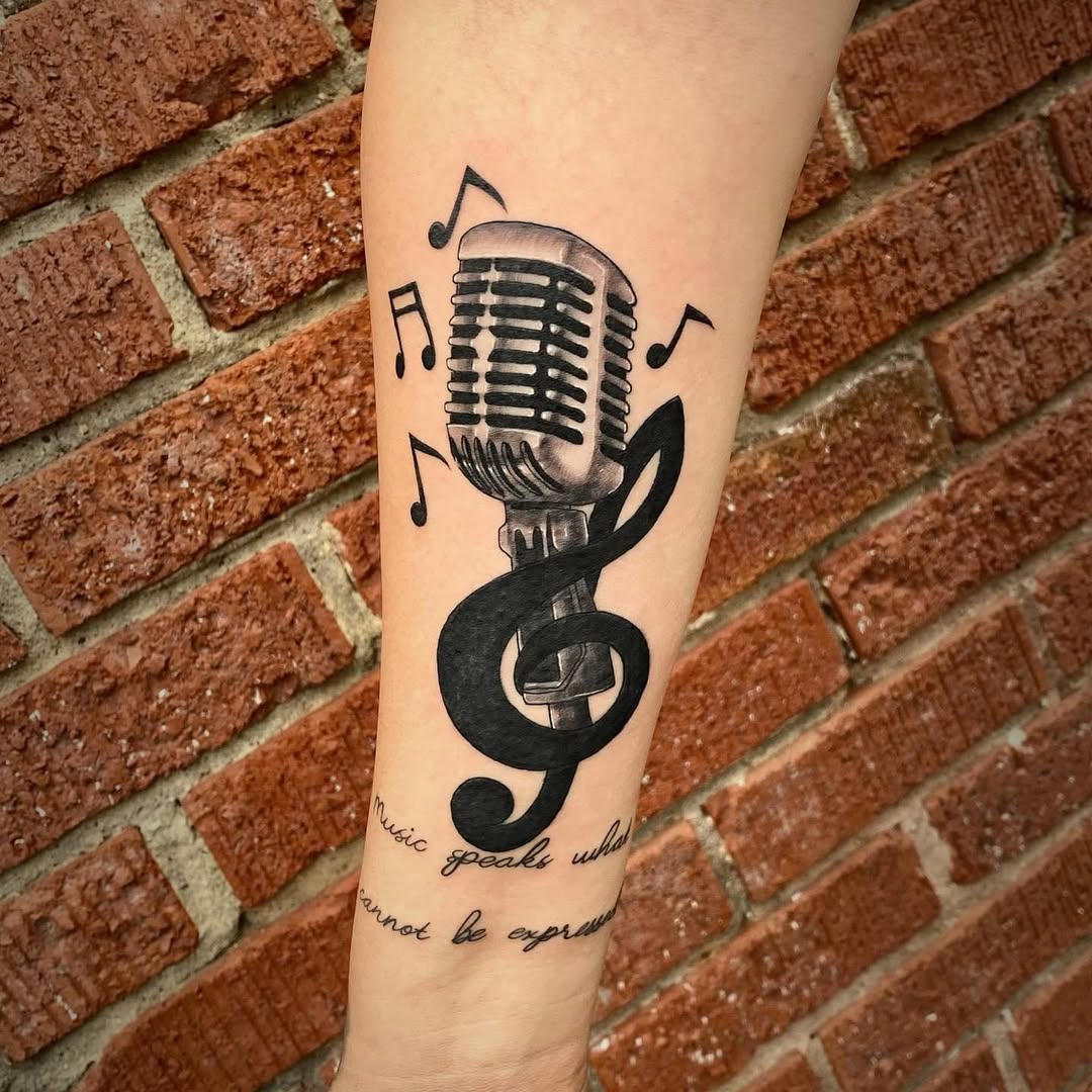 Stylish microphone tattoo with musical notes