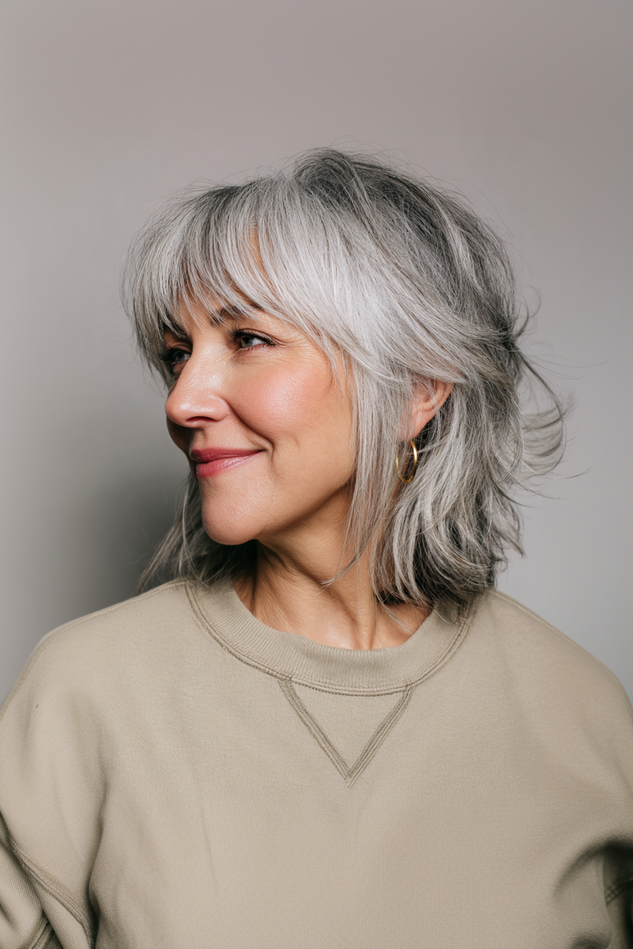 2. Textured Shag with Curtain Bangs in Silver Balayage (Medium Length Haircuts With Bangs For Women Over 50) - Medium Length Haircuts With Bangs For Women Over 50