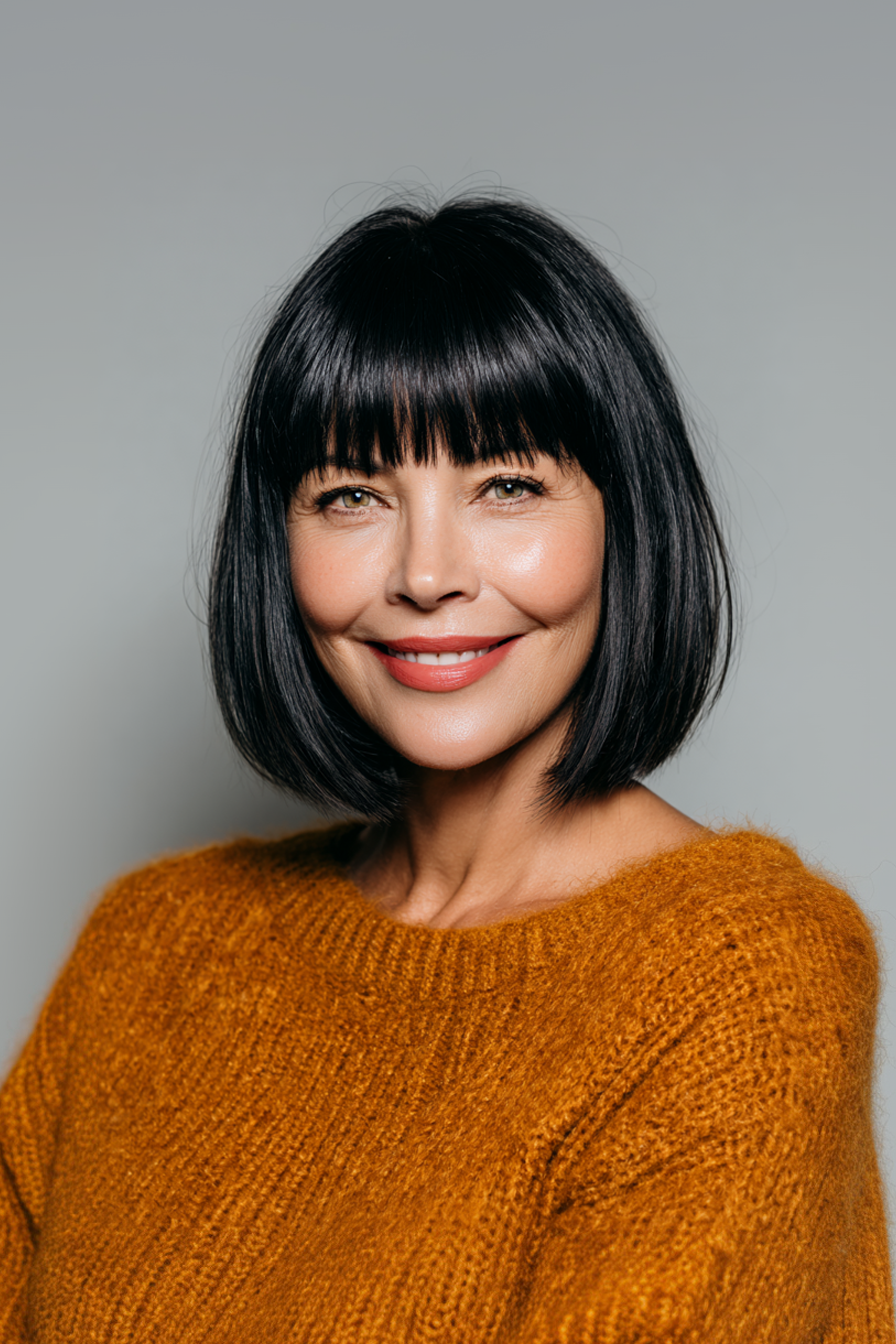 3. Sleek Medium Bob with Straight Bangs in Jet Black (Medium Length Haircuts With Bangs For Women Over 50) - Medium Length Haircuts With Bangs For Women Over 50