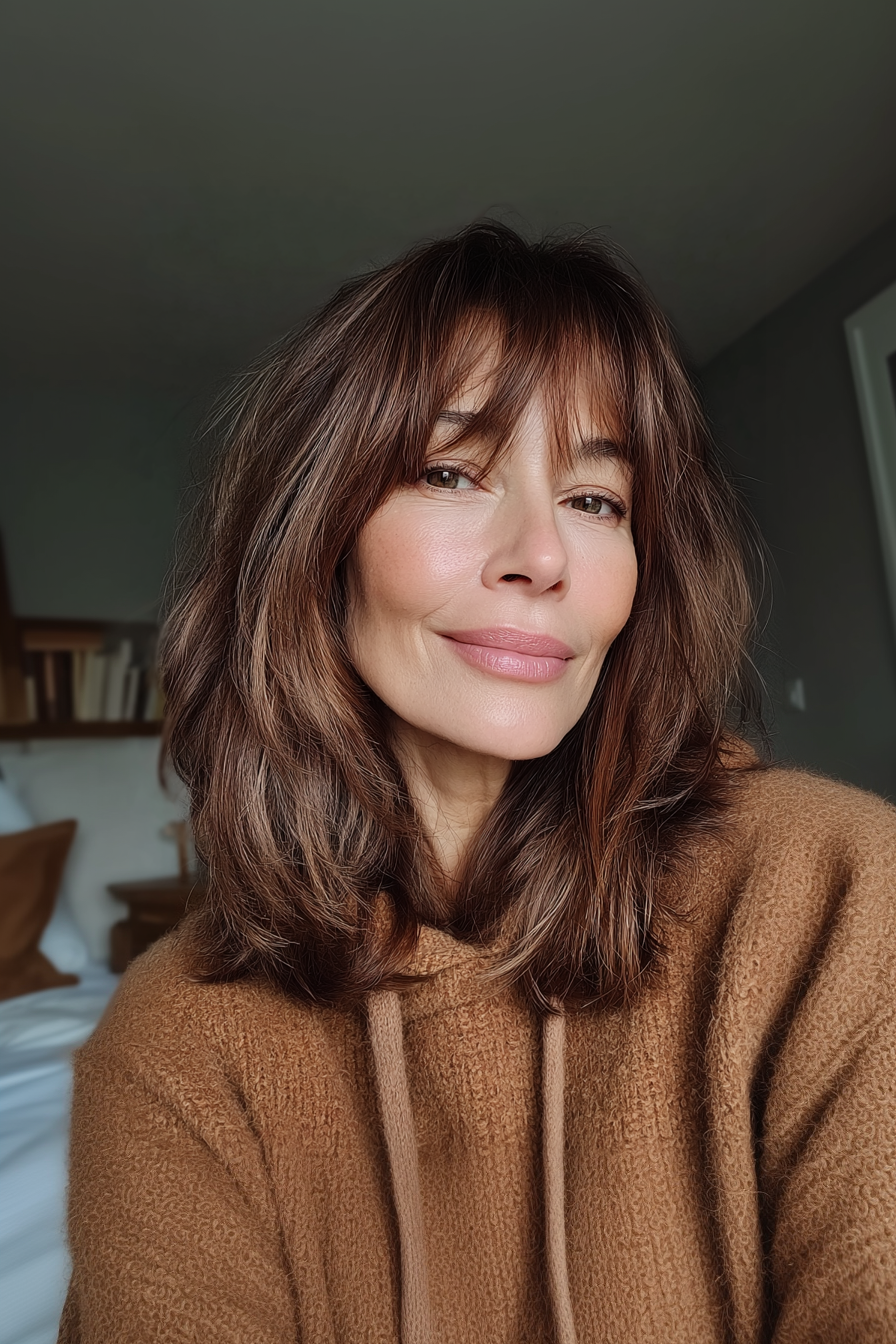 4. Feathered Mid-Length Cut with Side-Swept Bangs in Chestnut Brown (Medium Length Haircuts With Bangs For Women Over 50) - Medium Length Haircuts With Bangs For Women Over 50