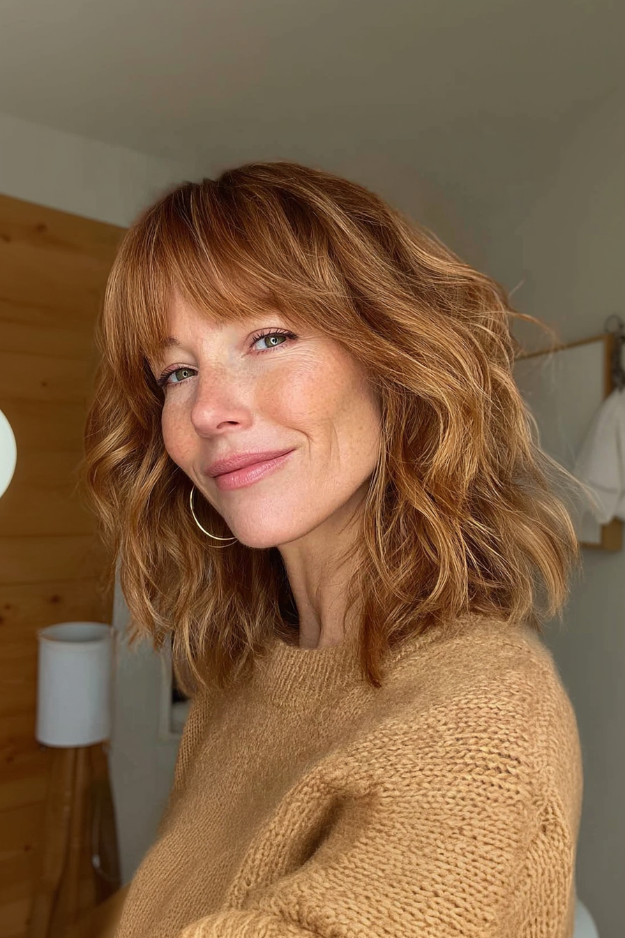 5. Medium Wavy Lob with Arched Bangs in Golden Caramel (Medium Length Haircuts With Bangs For Women Over 50) - Medium Length Haircuts With Bangs For Women Over 50