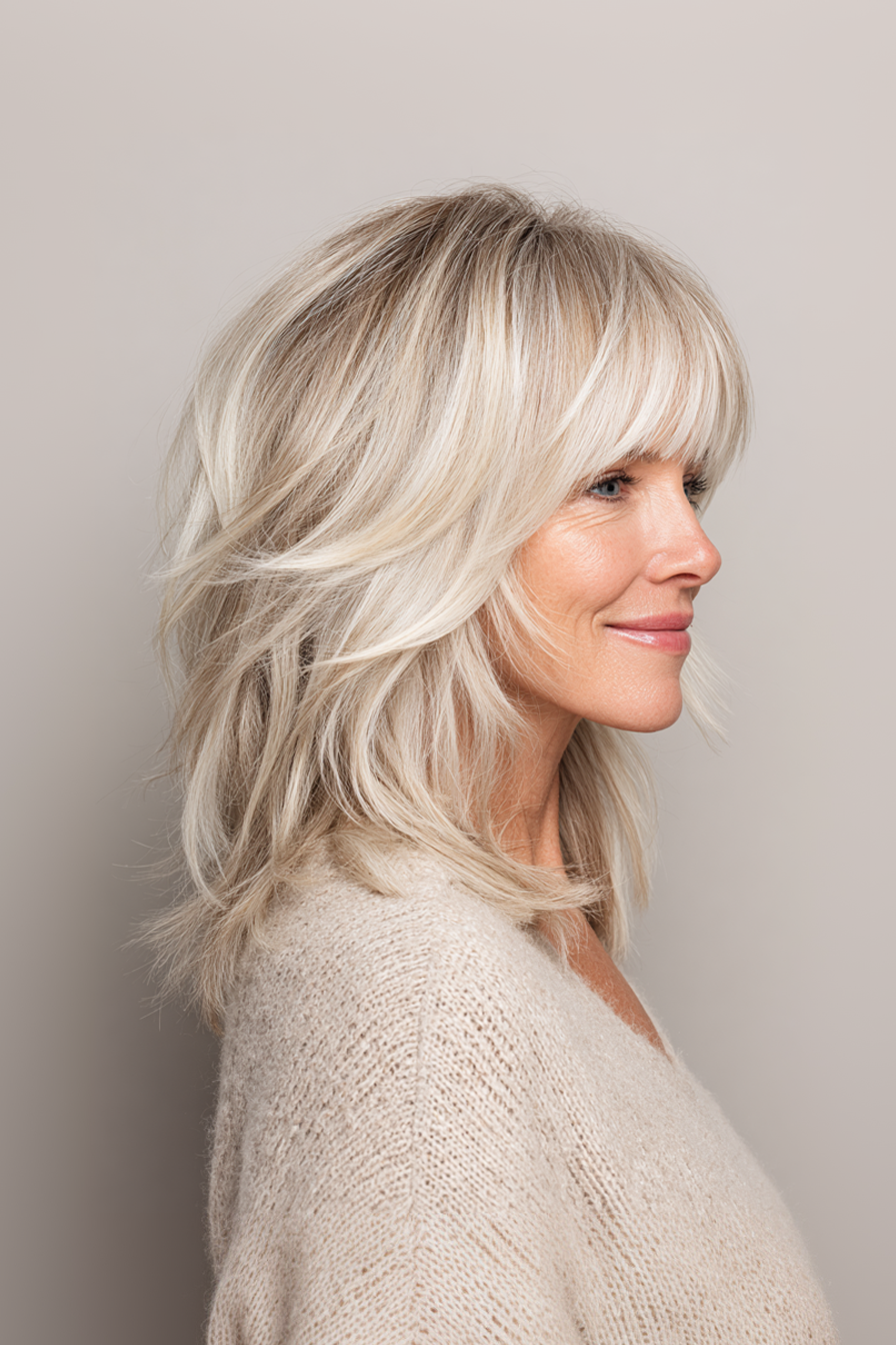 6. Shoulder-Length Shaggy Layers with Micro Bangs in Platinum Blonde (Medium Length Haircuts With Bangs For Women Over 50) - Medium Length Haircuts With Bangs For Women Over 50