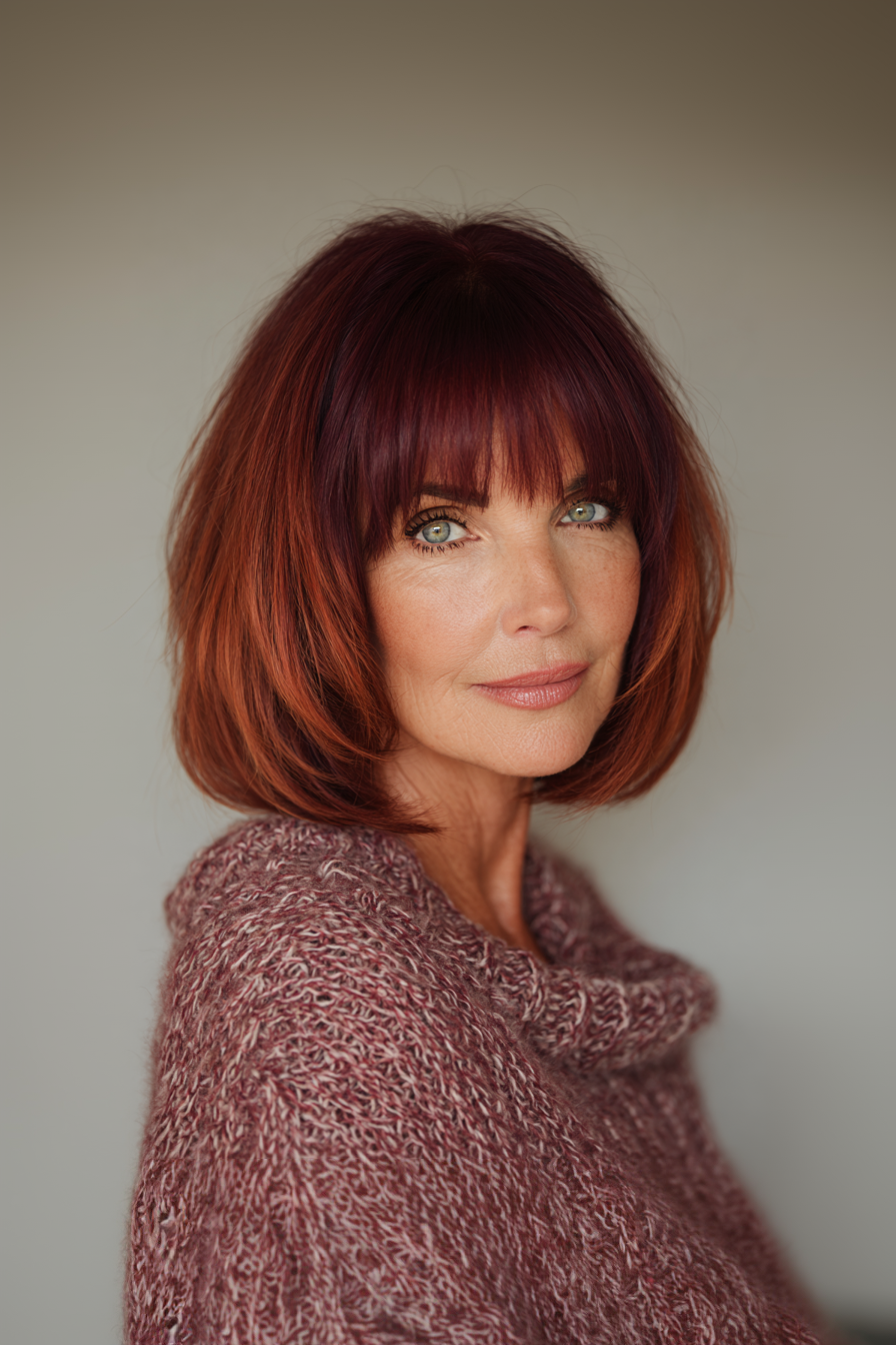 7. Mid-Length Blunt Cut with Rounded Bangs in Deep Burgundy (Medium Length Haircuts With Bangs For Women Over 50) - Medium Length Haircuts With Bangs For Women Over 50