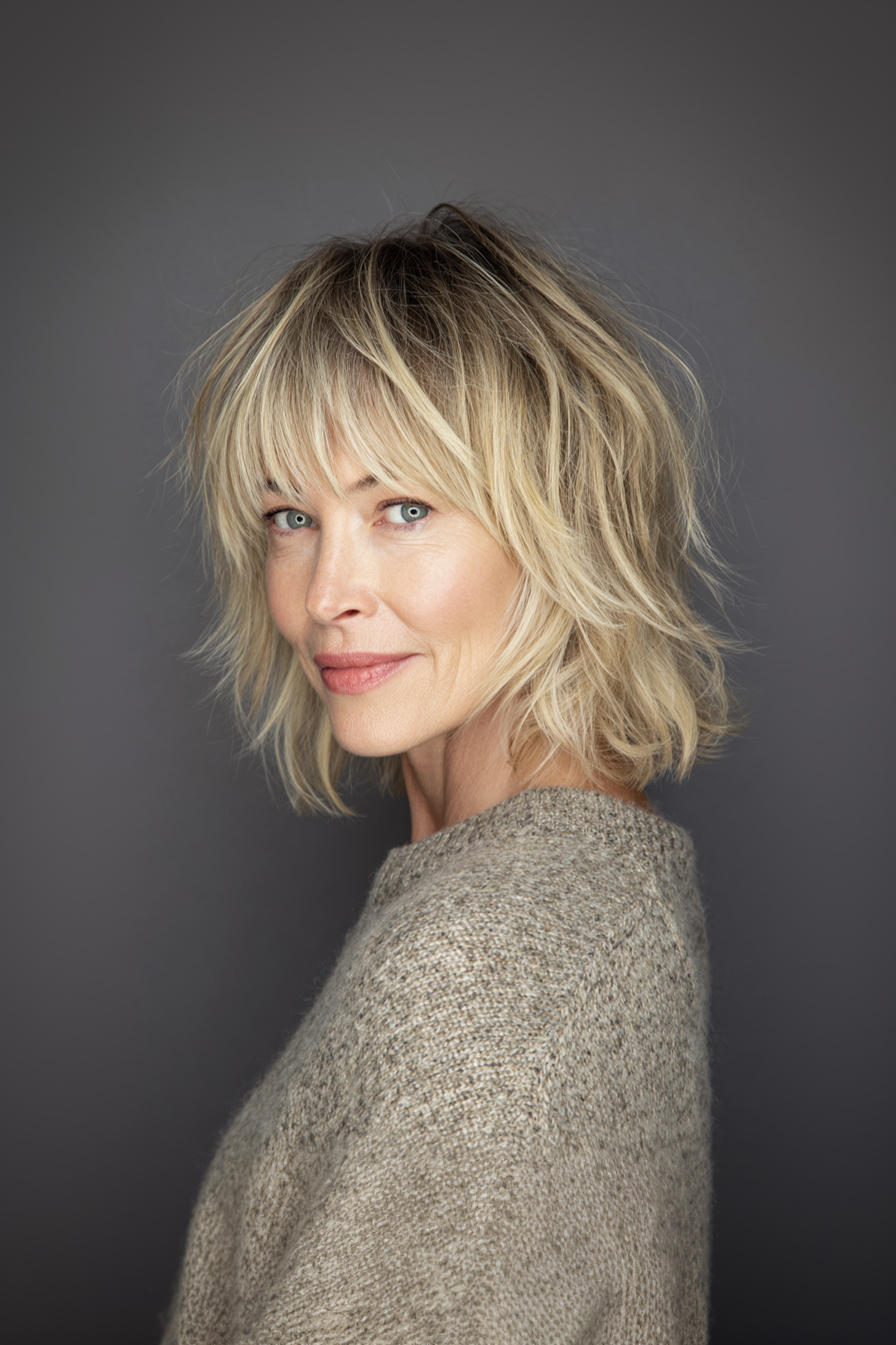 9. Medium Shag Cut with Textured Bangs in Sandy Blonde (Medium Length Haircuts With Bangs For Women Over 50) - Medium Length Haircuts With Bangs For Women Over 50