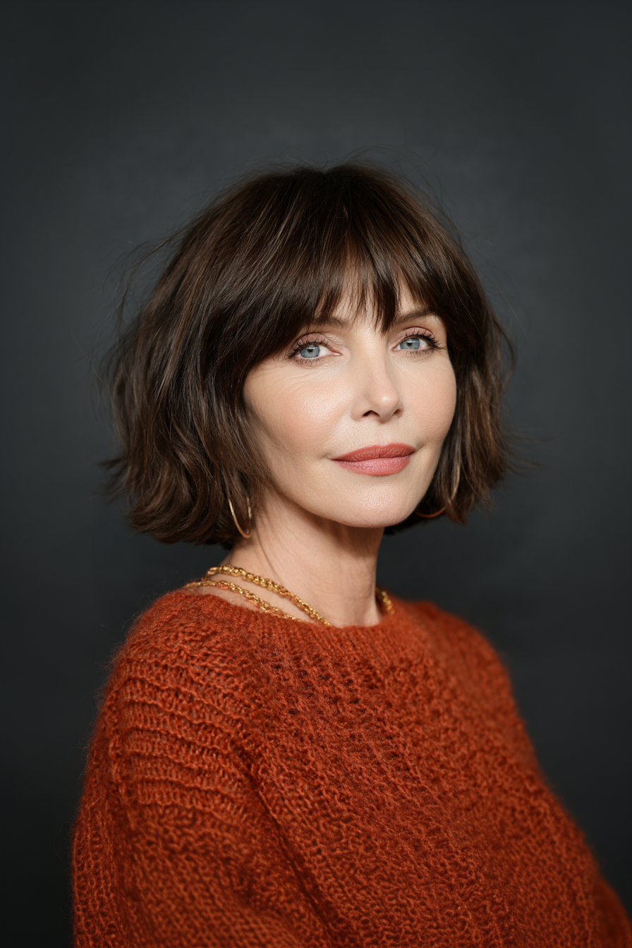 10. Layered Shoulder-Length Bob with Wispy Bangs in Chocolate Brown (Medium Length Haircuts With Bangs For Women Over 50) - Medium Length Haircuts With Bangs For Women Over 50