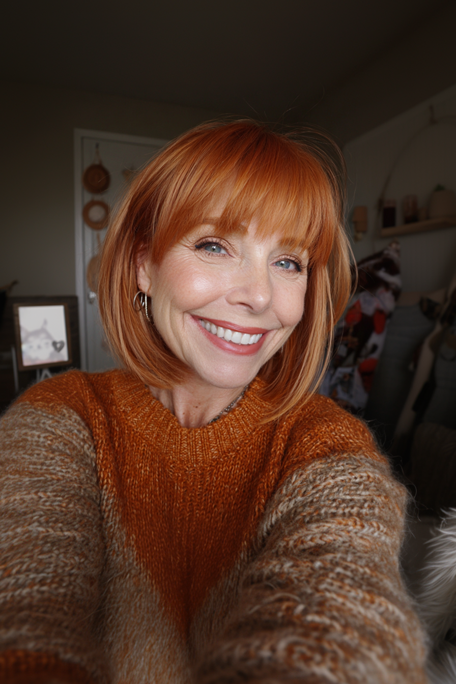 11. Classic Lob with Side Bangs in Warm Copper (Medium Length Haircuts With Bangs For Women Over 50) - Medium Length Haircuts With Bangs For Women Over 50