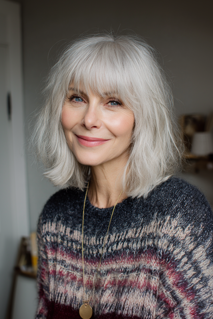 12. Medium-Length Razor Cut with Choppy Bangs in Silver Blonde (Medium Length Haircuts With Bangs For Women Over 50) - Medium Length Haircuts With Bangs For Women Over 50