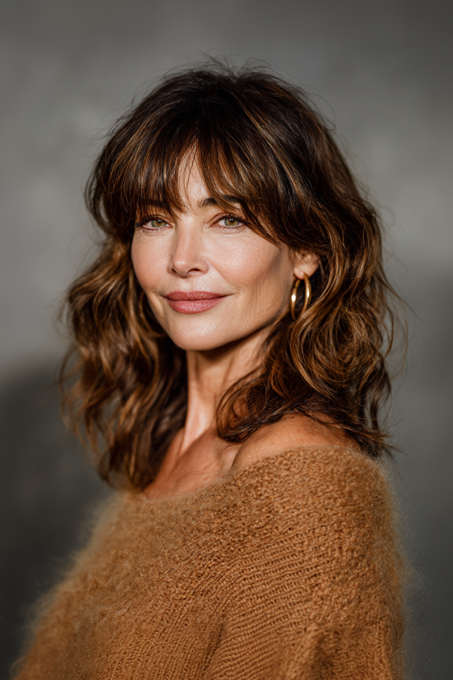 13. Soft Curled Lob with Bardot Bangs in Honey Brown (Medium Length Haircuts With Bangs For Women Over 50) - Medium Length Haircuts With Bangs For Women Over 50