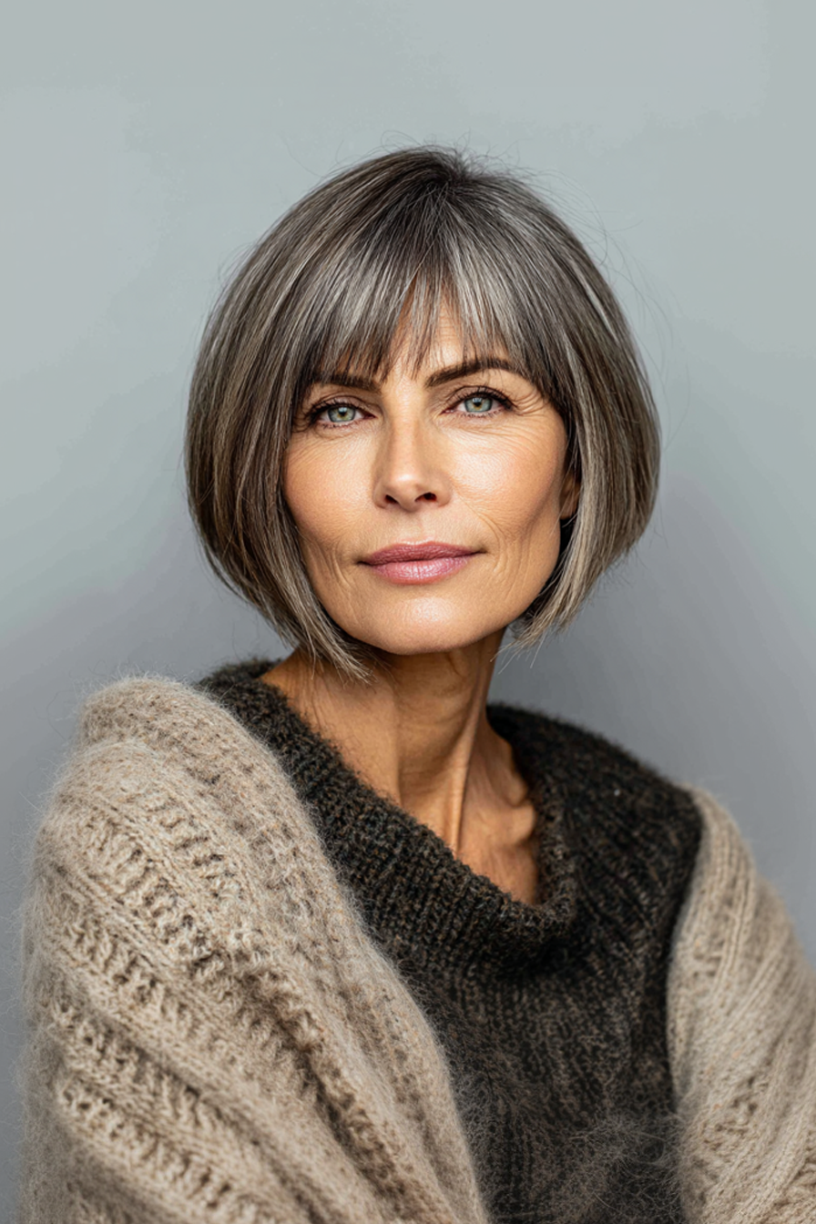 19. Medium Bob with Long Side-Swept Bangs in Ash Brown (Medium Length Haircuts With Bangs For Women Over 50) - Medium Length Haircuts With Bangs For Women Over 50