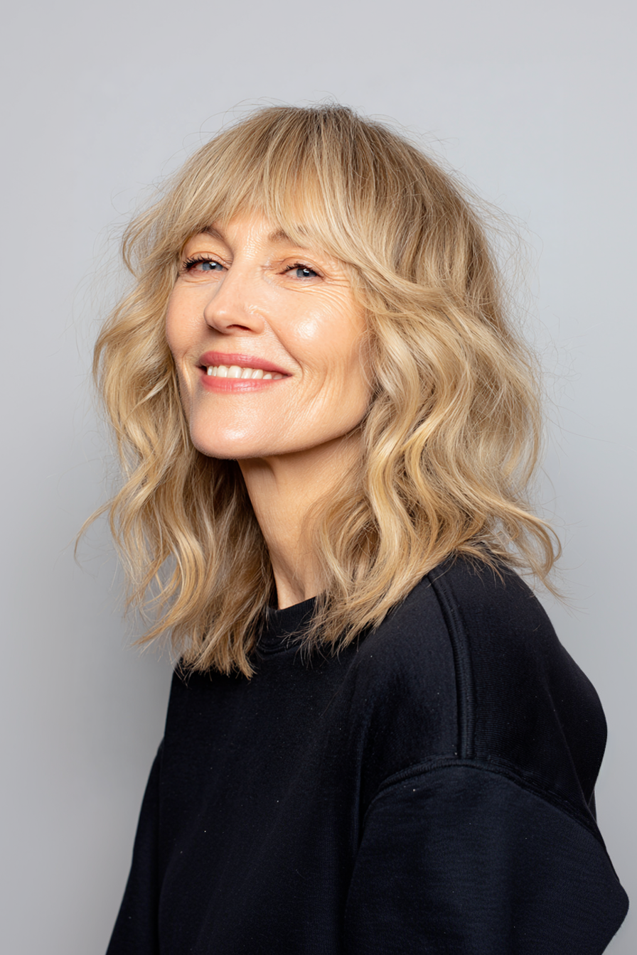 20. Shoulder-Length Wavy Layers with Curtain Bangs in Buttery Blonde (Medium Length Haircuts With Bangs For Women Over 50) - Medium Length Haircuts With Bangs For Women Over 50