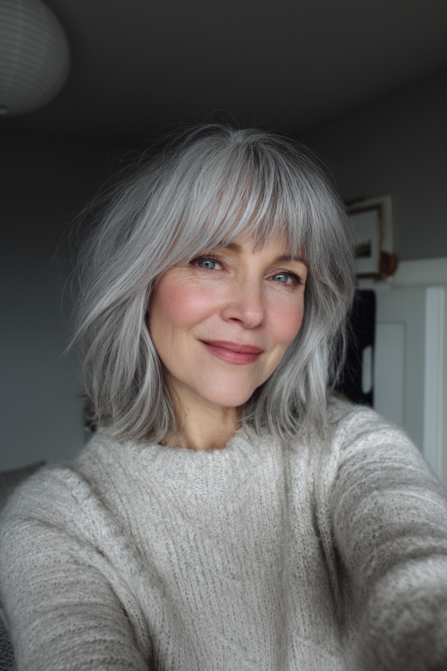 23. Shoulder-Grazing Cut with Choppy Bangs in Pearl Gray (Medium Length Haircuts With Bangs For Women Over 50) - Medium Length Haircuts With Bangs For Women Over 50