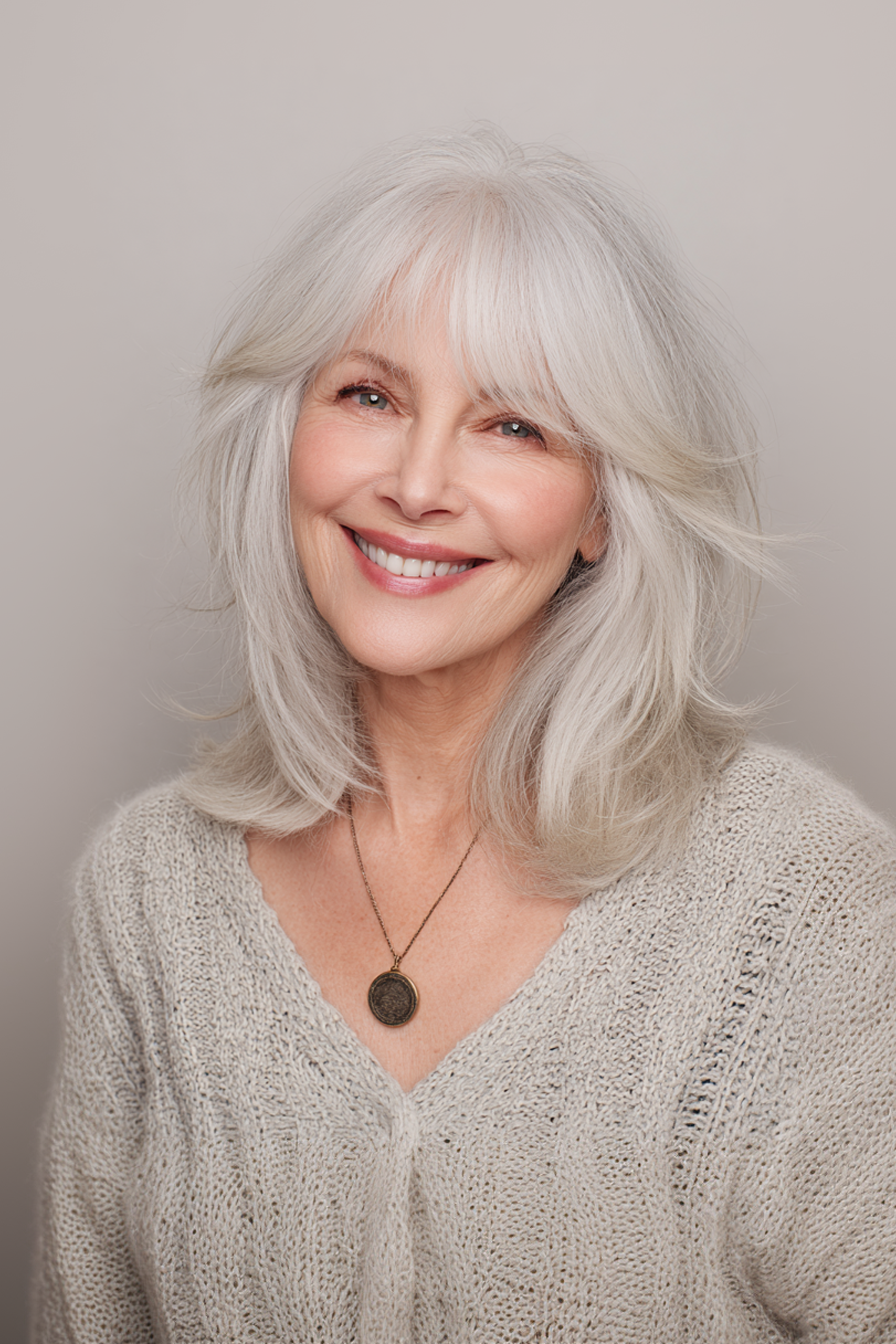 26. Layered Shoulder-Length Cut with Wispy Bangs in Soft Platinum (Medium Length Haircuts With Bangs For Women Over 50) - Medium Length Haircuts With Bangs For Women Over 50