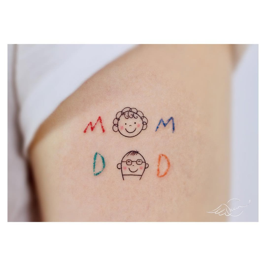 Adorable Mom and Dad Cartoon Tattoo Design