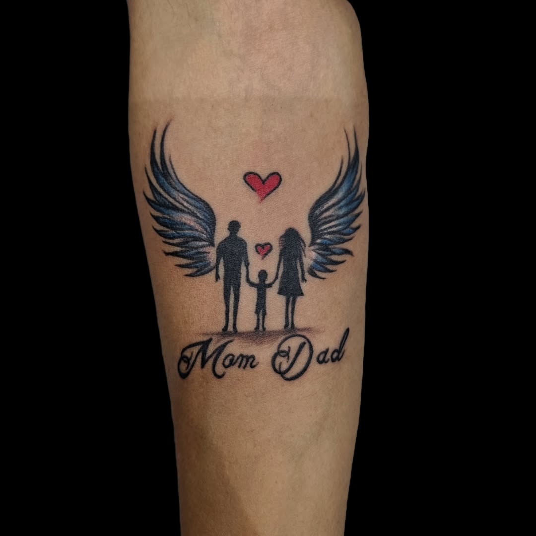 Heartfelt Family Tattoo with Wings and Love