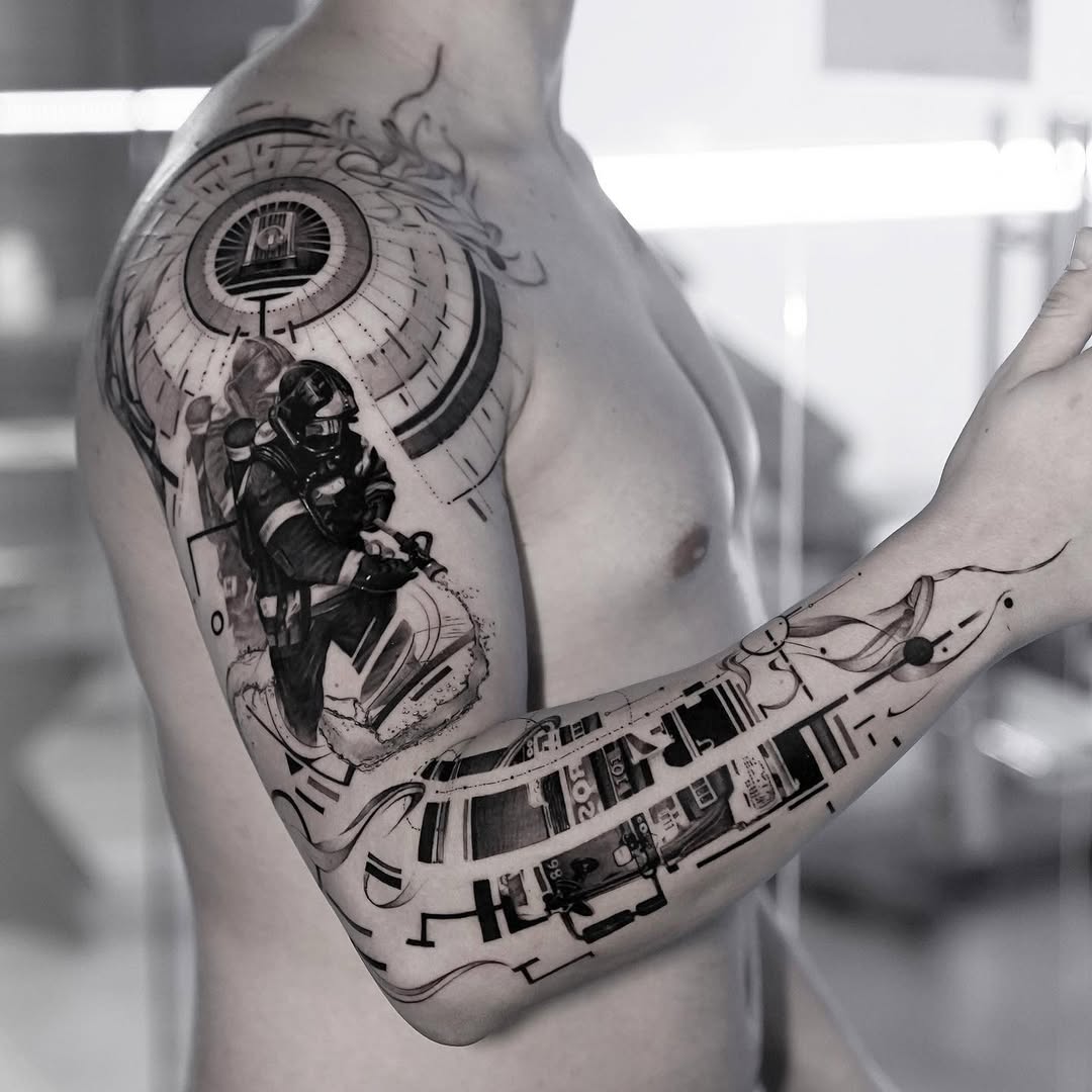 Heroic firefighter tattoo in striking black and gray