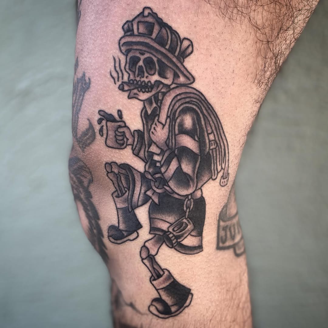 Unique skeletal firefighter tattoo design concept