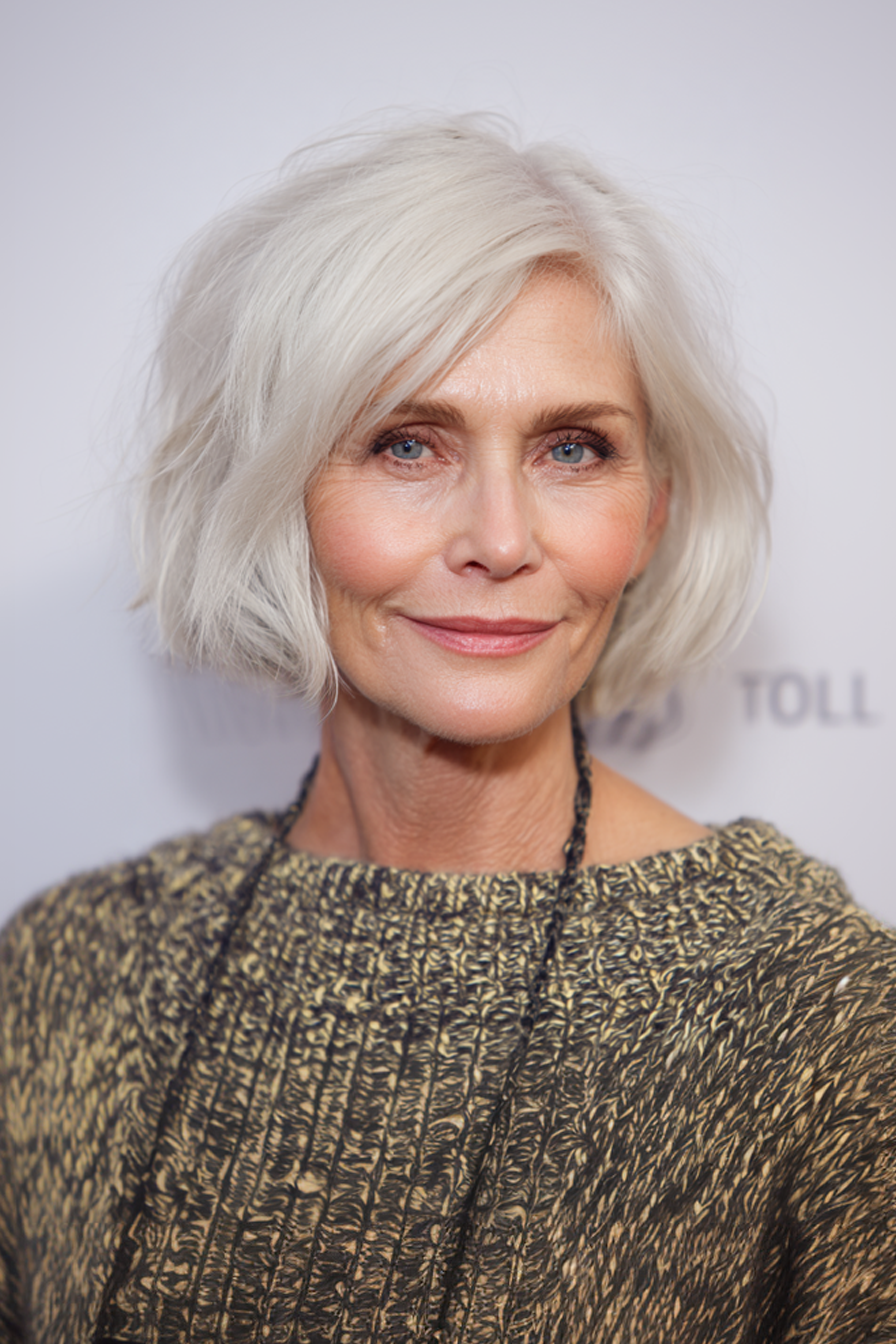 2. Textured Bob in Pearl White (Short Haircuts For Older Women With White Hair) - Short Haircuts For Older Women With White Hair