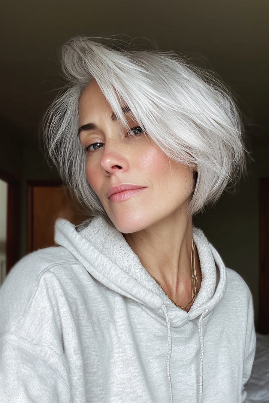 4. Chic Asymmetrical Bob in Icy White (Short Haircuts For Older Women With White Hair) - Short Haircuts For Older Women With White Hair
