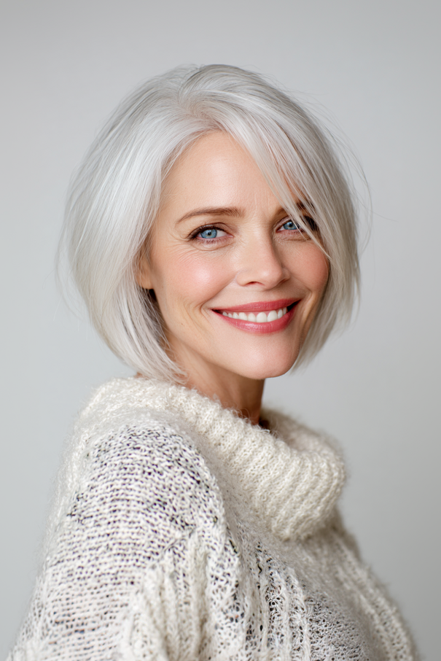7. Sleek Side-Parted Bob in Crystal White (Short Haircuts For Older Women With White Hair) - Short Haircuts For Older Women With White Hair