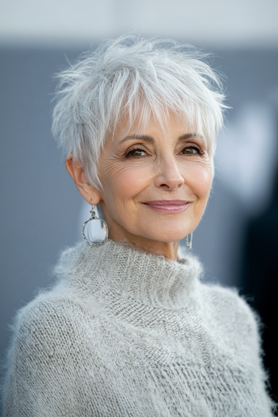 8. Layered Crop with Platinum Lowlights (Short Haircuts For Older Women With White Hair) - Short Haircuts For Older Women With White Hair