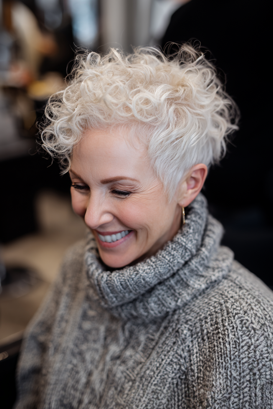 9. Curly White Pixie with Defined Curls (Short Haircuts For Older Women With White Hair) - Short Haircuts For Older Women With White Hair