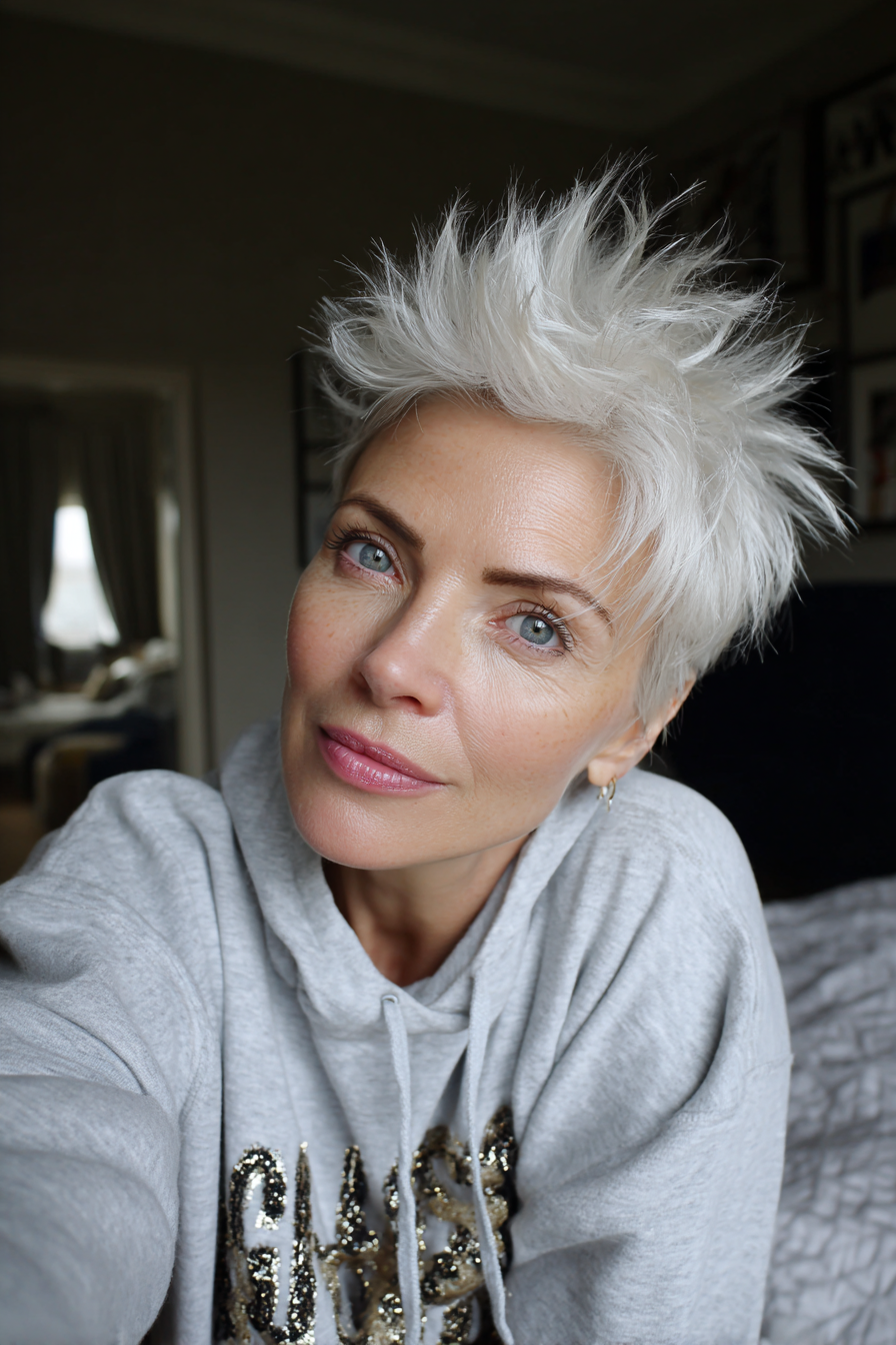 10. Edgy Spiky Crop in Bright White (Short Haircuts For Older Women With White Hair) - Short Haircuts For Older Women With White Hair