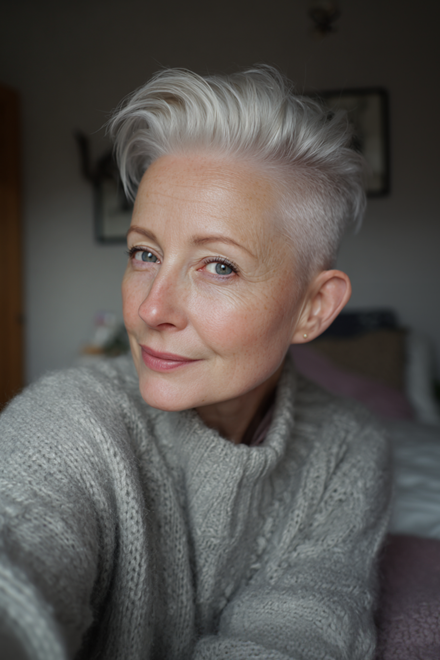 14. Sleek Undercut in Silver-White (Short Haircuts For Older Women With White Hair) - Short Haircuts For Older Women With White Hair