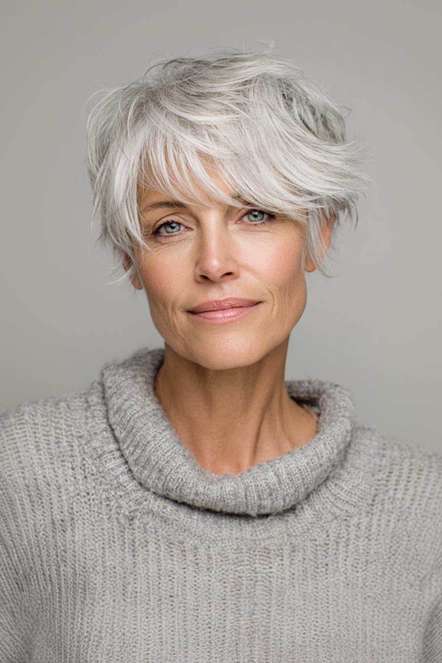 17. Shaggy Crop with Silver Blend (Short Haircuts For Older Women With White Hair) - Short Haircuts For Older Women With White Hair