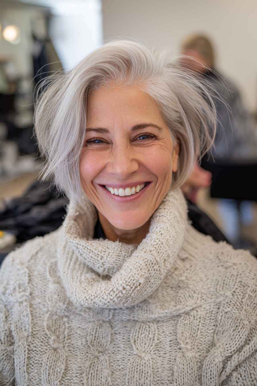 18. Textured Bob with White Balayage (Short Haircuts For Older Women With White Hair) - Short Haircuts For Older Women With White Hair