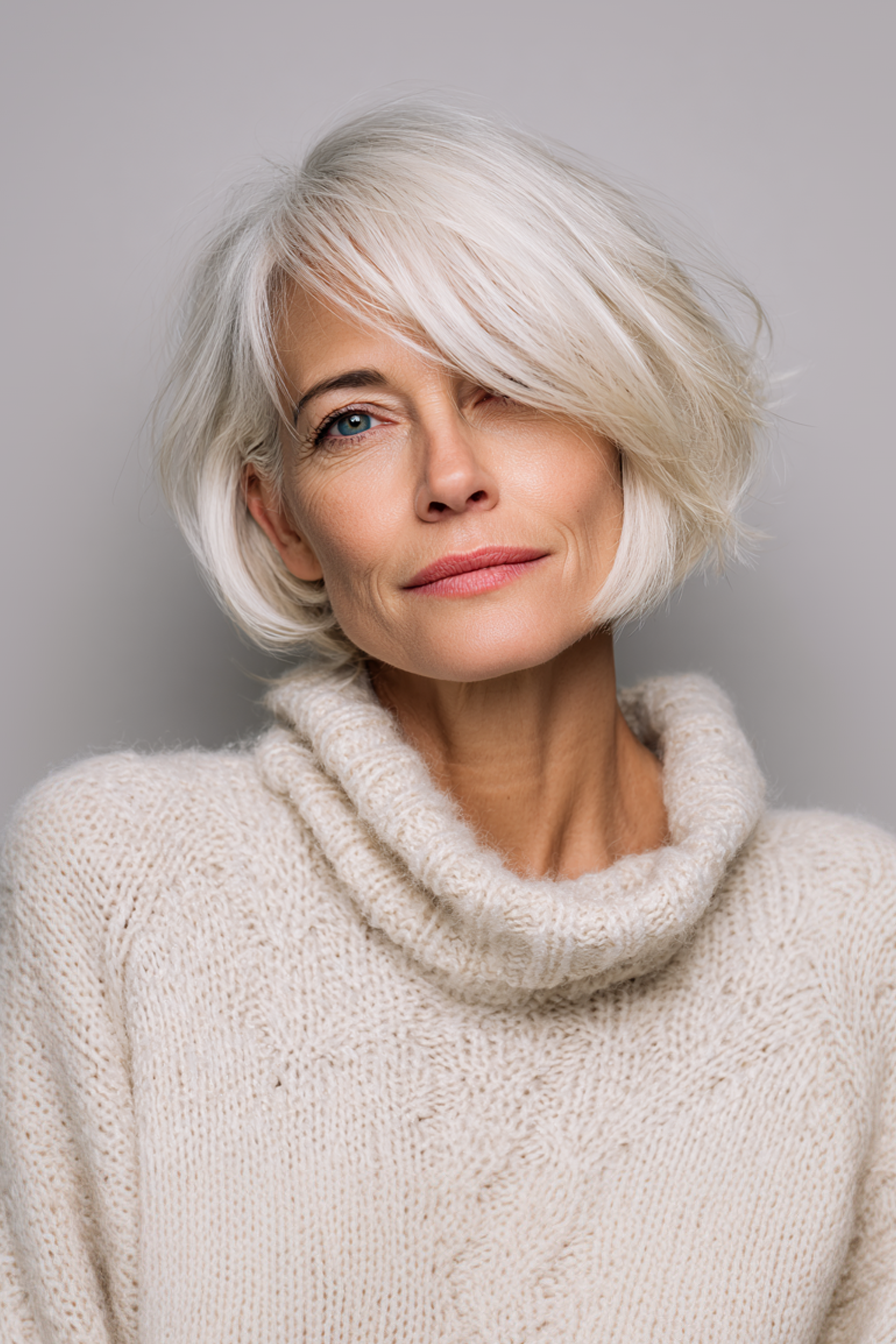 21. Curved Bob in Cloudy White (Short Haircuts For Older Women With White Hair) - Short Haircuts For Older Women With White Hair