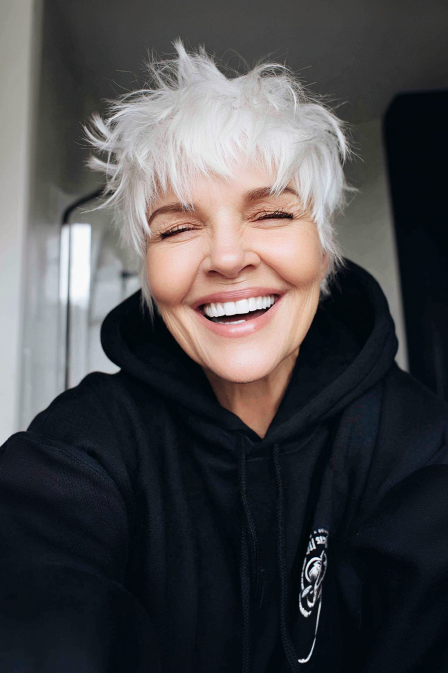 22. Choppy White Crop with Layers (Short Haircuts For Older Women With White Hair) - Short Haircuts For Older Women With White Hair