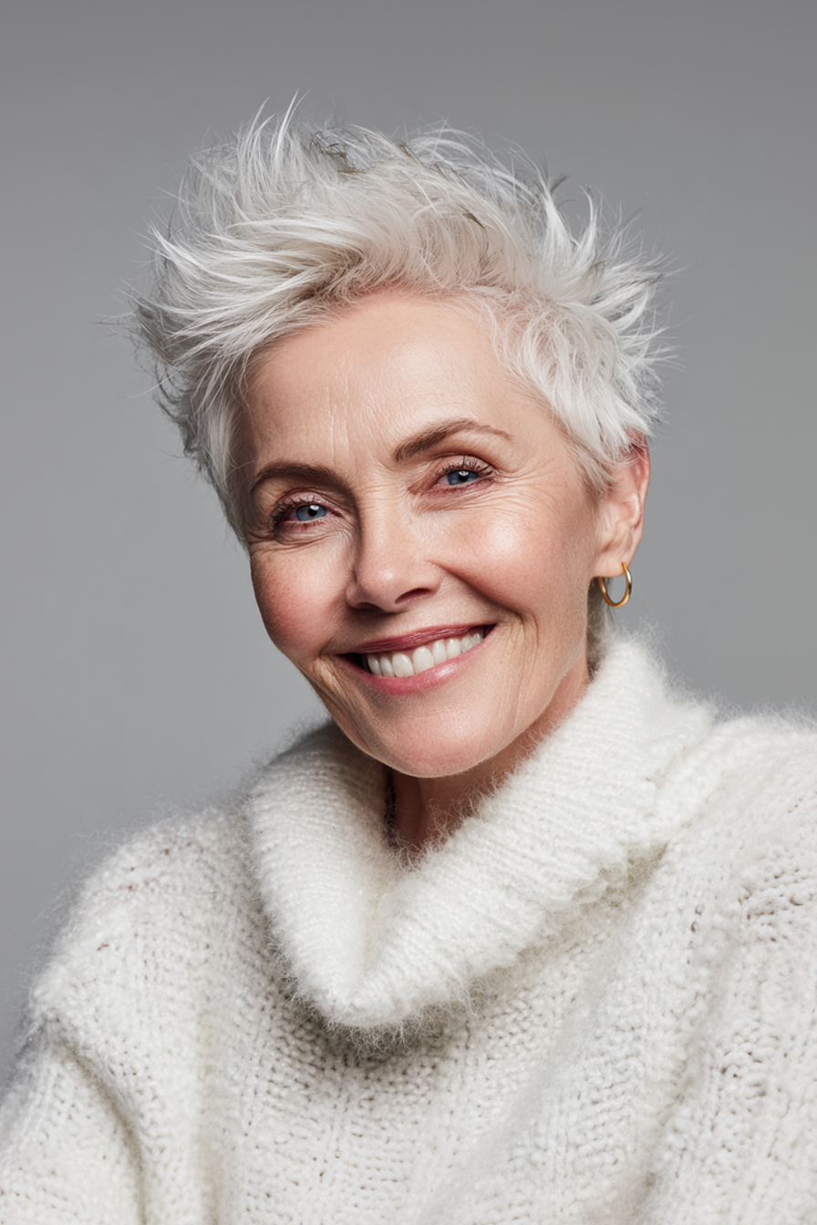 23. Textured White Pixie with Lift (Short Haircuts For Older Women With White Hair) - Short Haircuts For Older Women With White Hair