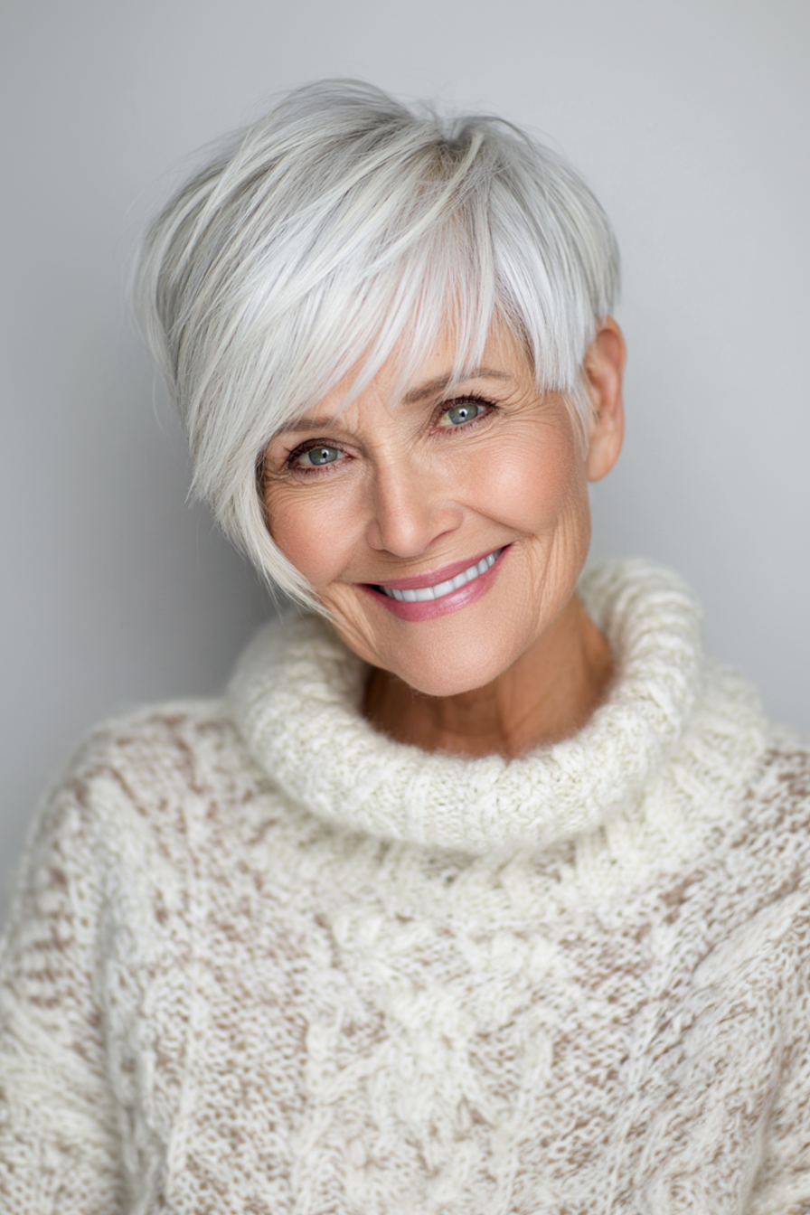 25. Pixie with Long Bangs in Pearl White (Short Haircuts For Older Women With White Hair) - Short Haircuts For Older Women With White Hair
