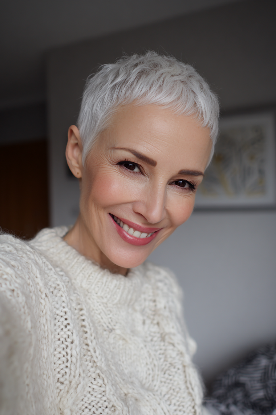 27. Ultra-Short Buzz in Arctic White (Short Haircuts For Older Women With White Hair) - Short Haircuts For Older Women With White Hair