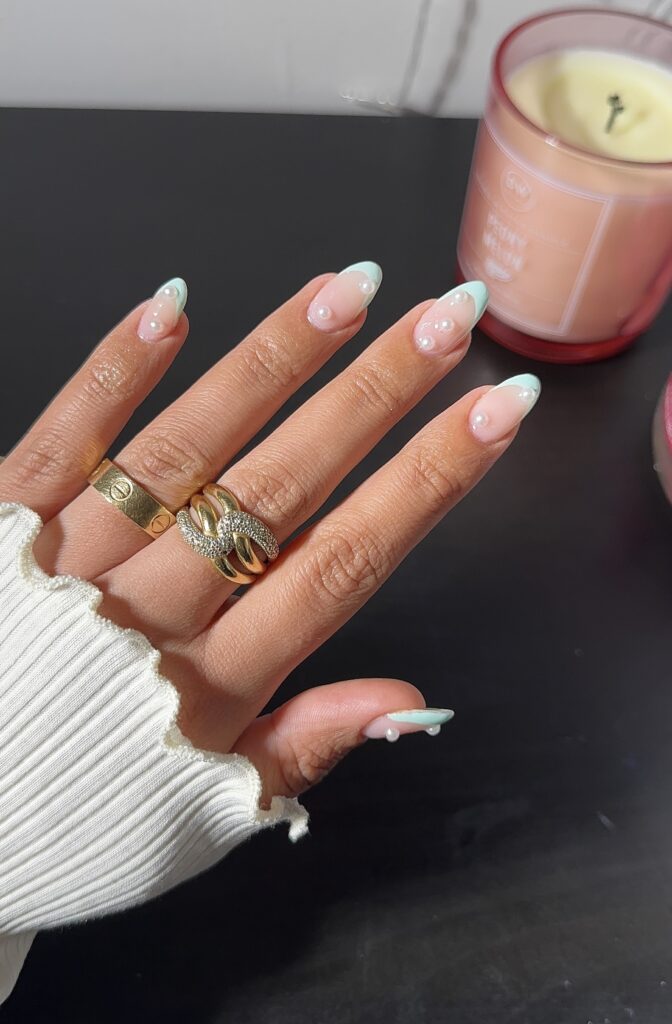 Pearly Blue French Tip Nails for Vacation