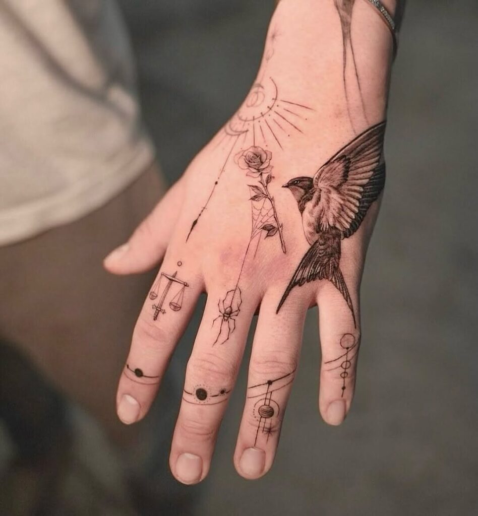 Swallow, Rose And Spider Hand Tattoo
