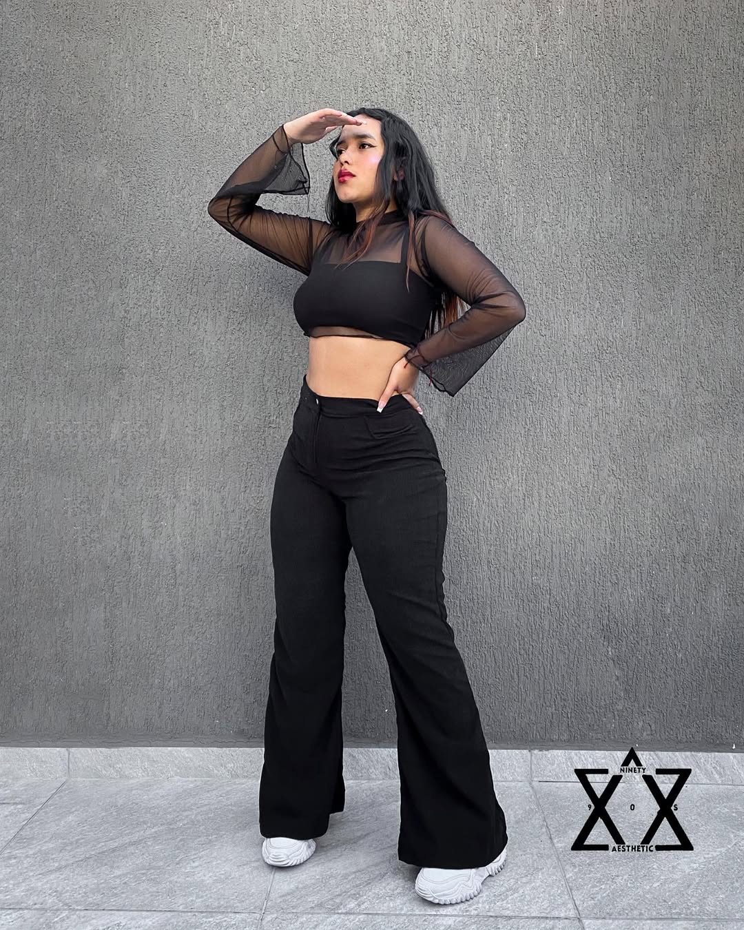 Chic black flare pants with sheer top